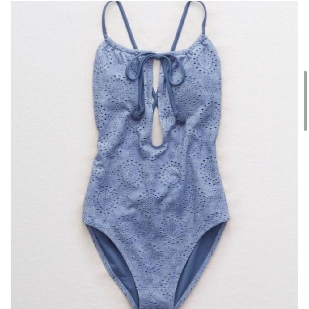 aerie Perforated Light Blue One-Piece Swimsuit